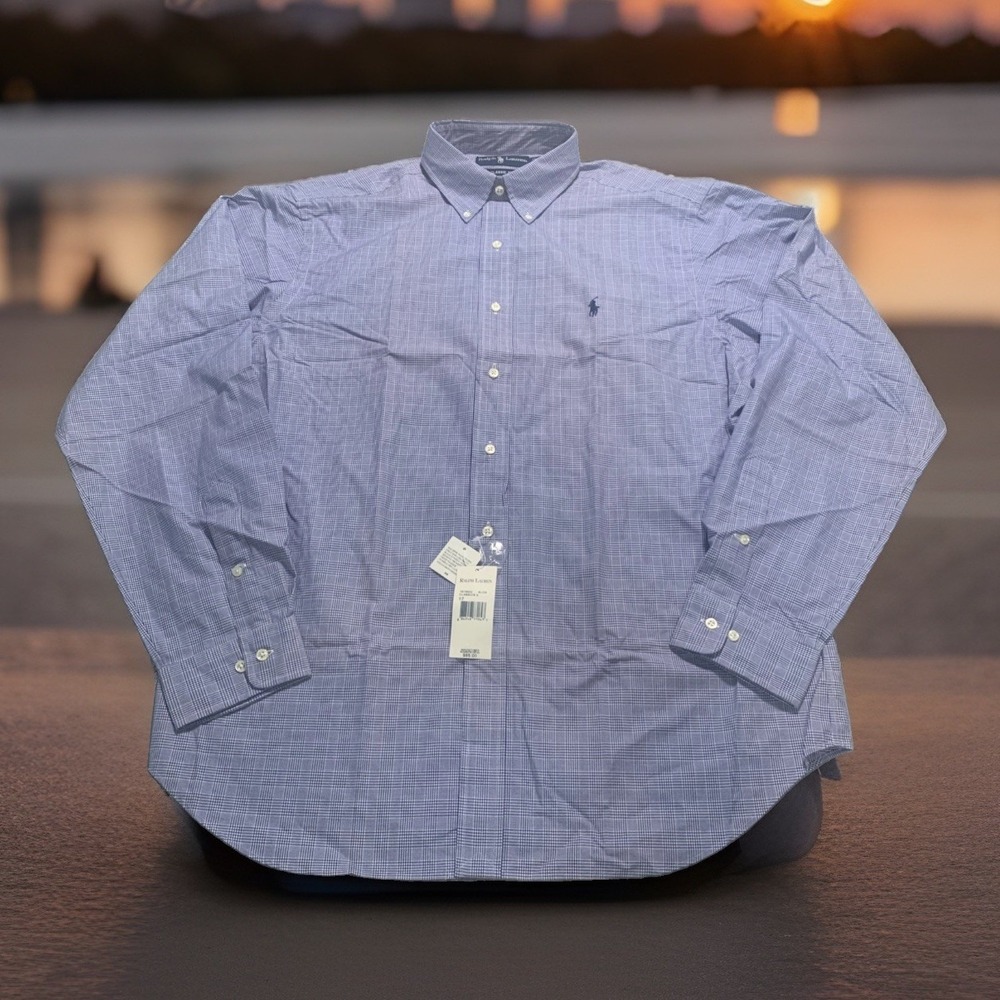 NWT Polo Ralph Lauren Shirt Mens 17 XL Classic Fit Purple White Gingham Check LS